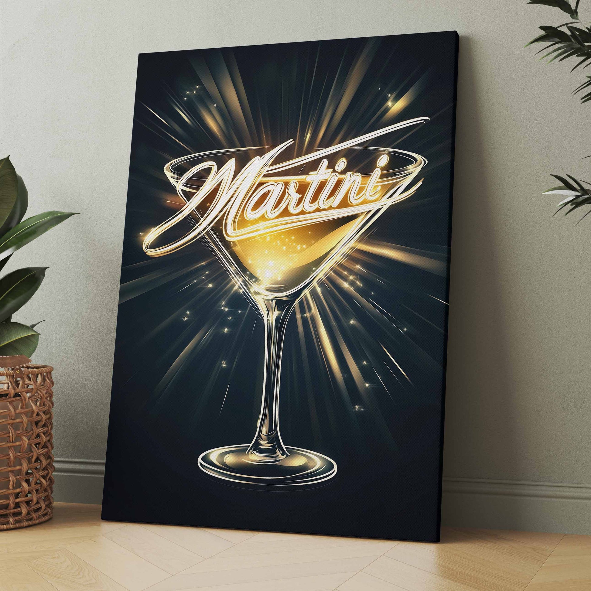 Neon-Cocktail-Poster: Martini-Glas mit goldener Schrift und Strahlen auf dunklem Grund
