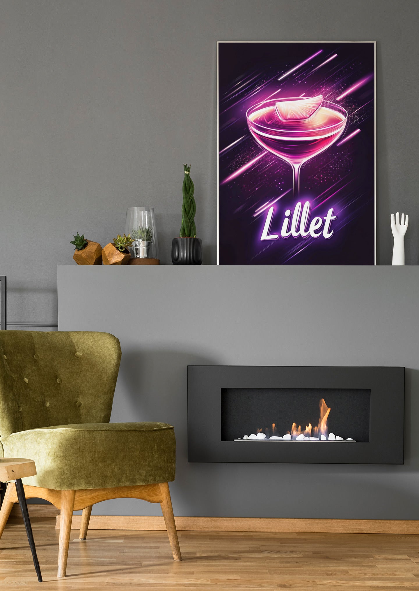 Neon-Cocktail-Poster mit rosafarbenem Cocktailglas und Lillet-Schriftzug