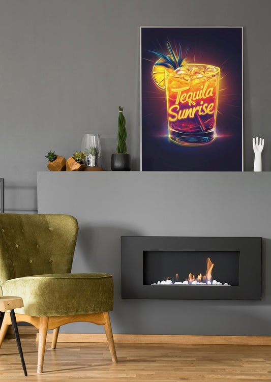 Neon-Cocktail-Poster im Rahmen mit Glas „Tequila Sunrise“ und leuchtenden Farbverläufen