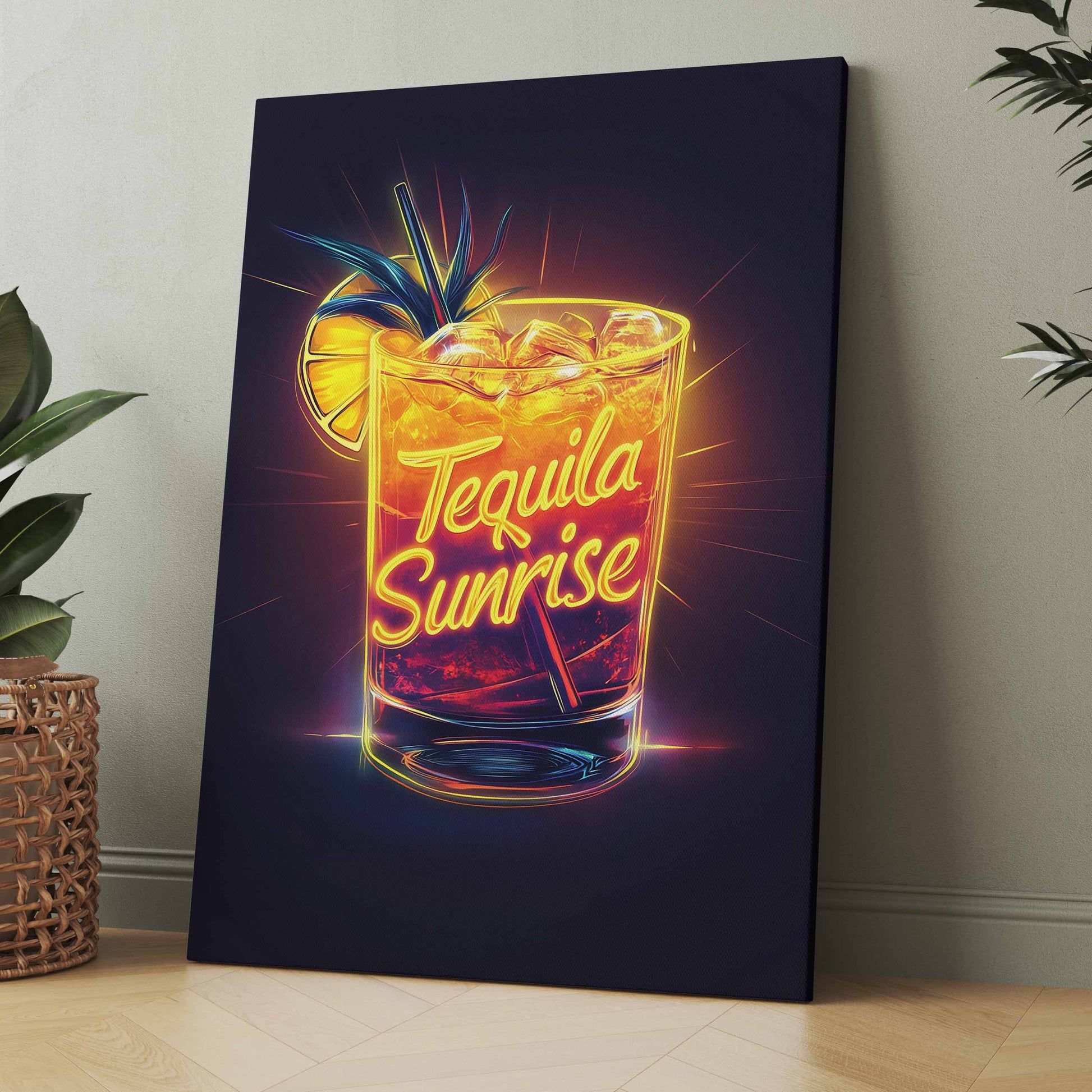 Neon-Cocktail-Poster auf Leinwand mit Glas „Tequila Sunrise“ und bunten Lichtstreifen