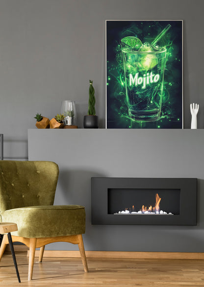 Neon-Cocktailposter „Mojito“ im Rahmen, grünes Glasmotiv mit Spritzern
