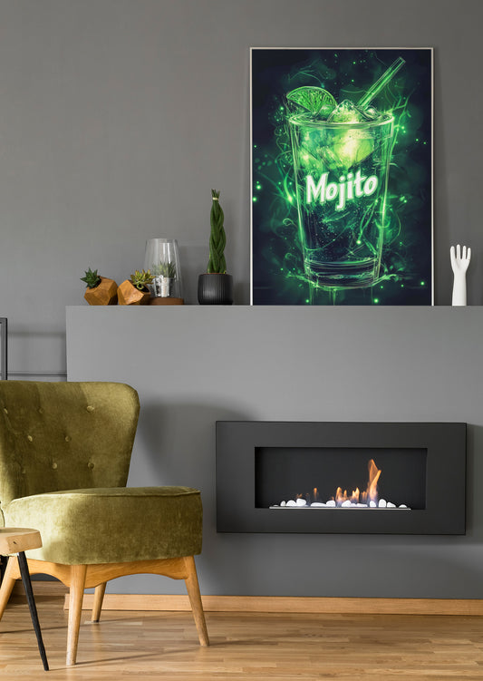 Neon-Cocktailposter „Mojito“ im Rahmen, grünes Glasmotiv mit Spritzern