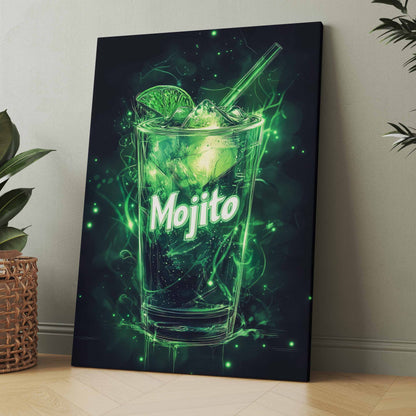 Neon-Cocktailposter „Mojito“ mit grün leuchtendem Glas und Strohhalm