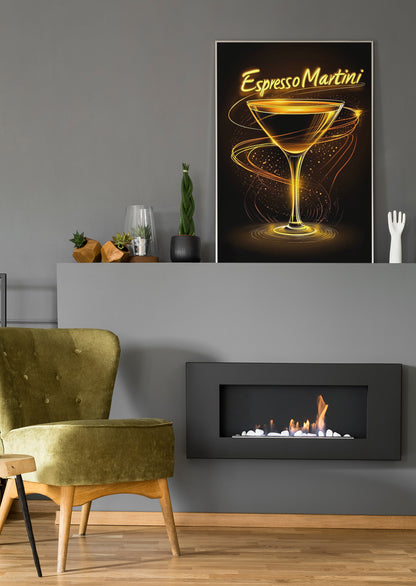 Neon-Poster mit Espresso-Martini-Glas und goldenen Lichtlinien, rechteckig