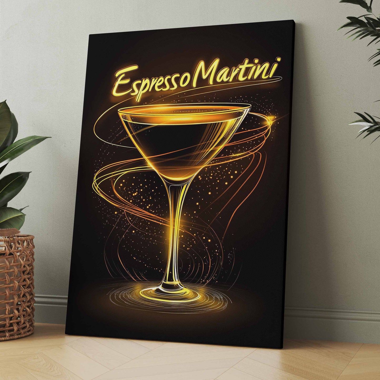 Neon-Poster mit Martini-Drink im Glas, leuchtende goldene Umrisse, rechteckig