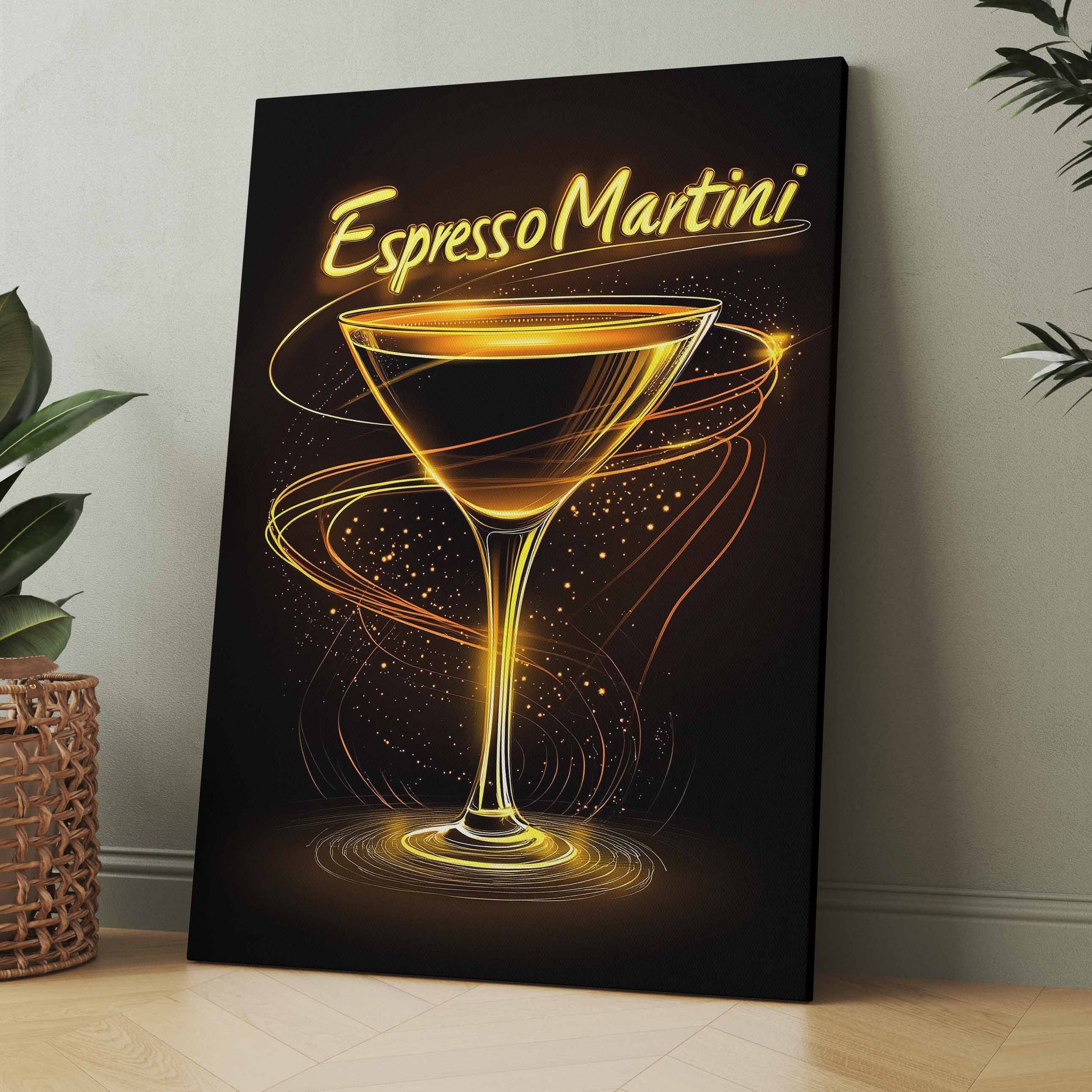 Neon-Poster mit Martini-Drink im Glas, leuchtende goldene Umrisse, rechteckig