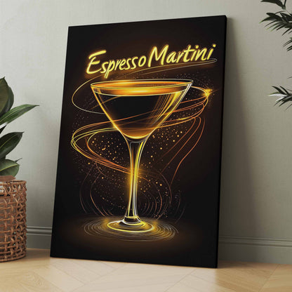 Neon-Poster mit Martini-Drink im Glas, leuchtende goldene Umrisse, rechteckig