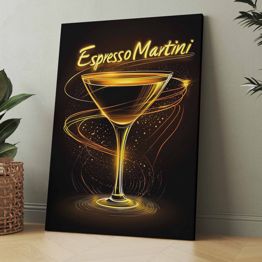 Neon-Poster mit Martini-Drink im Glas, leuchtende goldene Umrisse, rechteckig