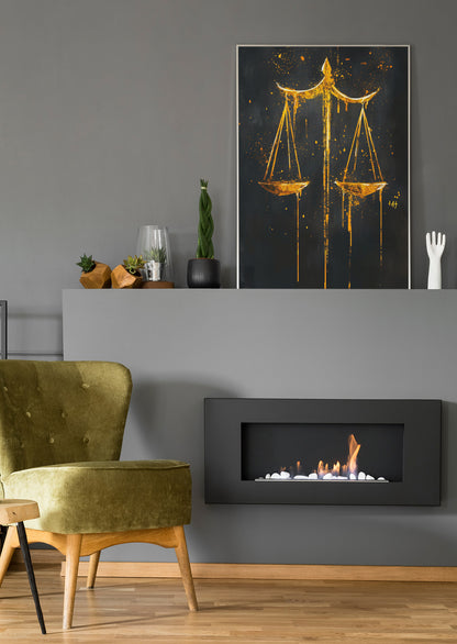 Poster oder Leinwand mit goldener Waage der Gerechtigkeit, abstraktes Motiv