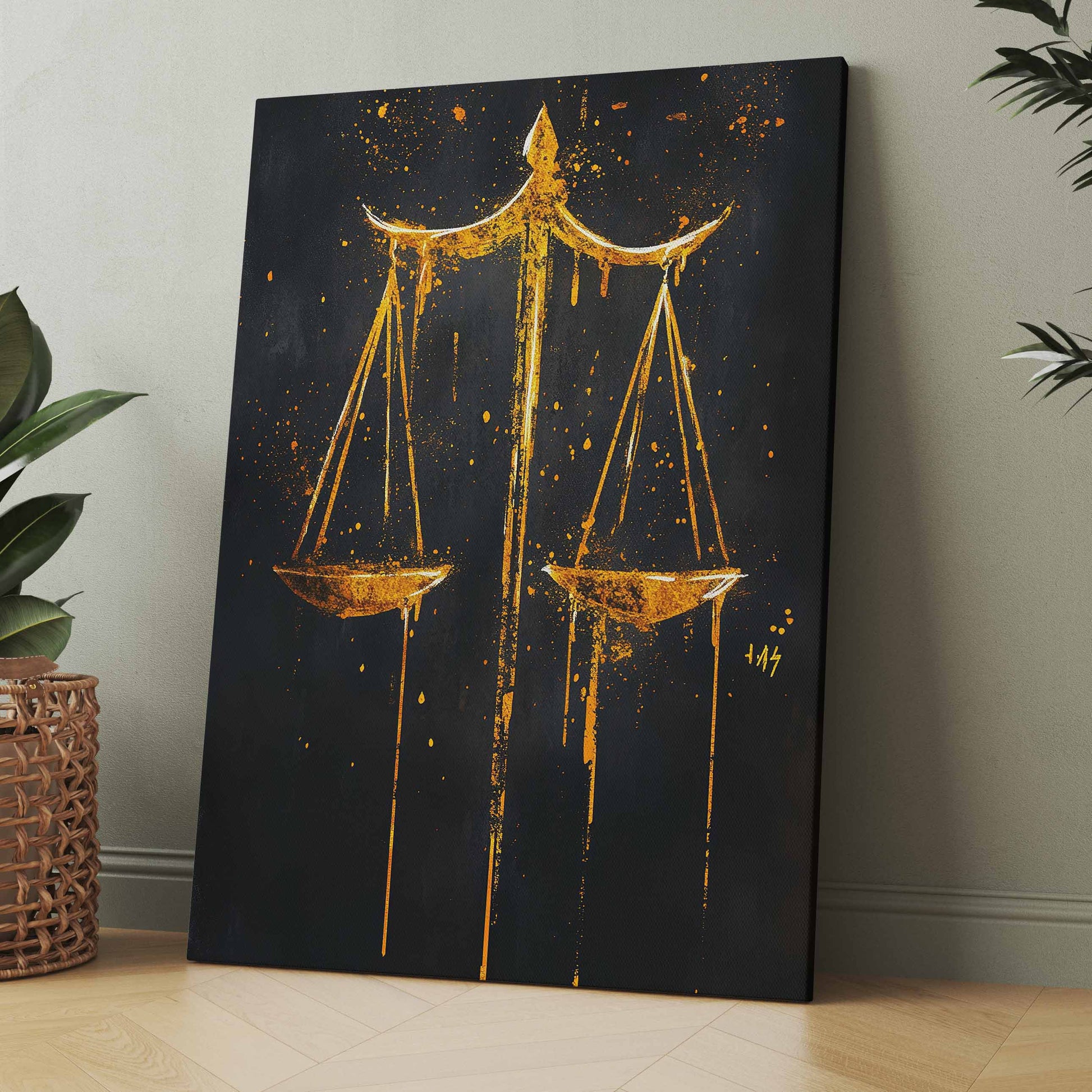 Poster oder Leinwand mit goldener Waage der Gerechtigkeit, dunkler Sternenhintergrund
