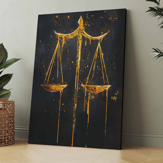 Poster oder Leinwand mit goldener Waage der Gerechtigkeit, dunkler Sternenhintergrund