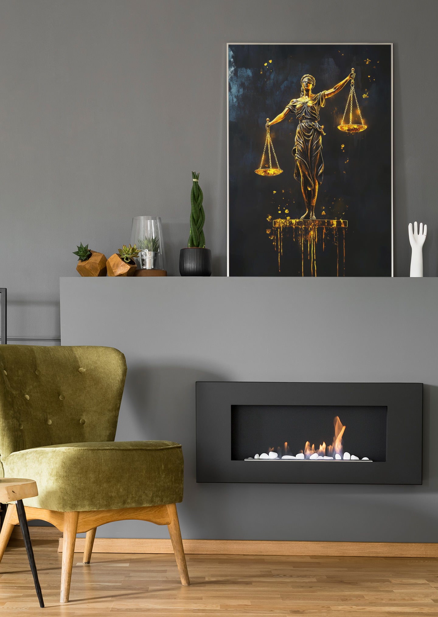 Gerahmtes Gerechtigkeits-Poster mit goldener Figur und Waage auf dunklem Hintergrund