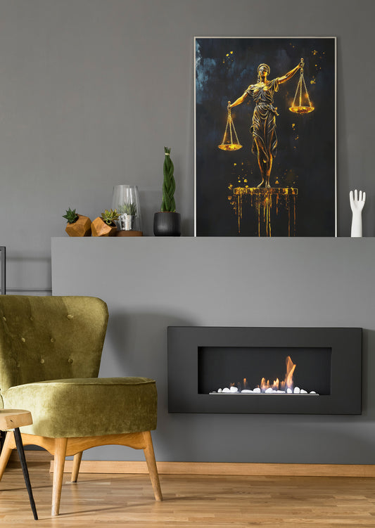 Gerahmtes Gerechtigkeits-Poster mit goldener Figur und Waage auf dunklem Hintergrund