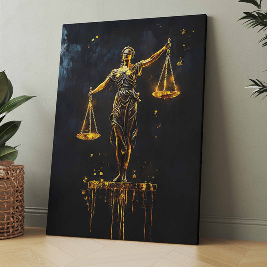 Gerechtigkeits-Poster mit goldener Justitia und Waagen auf dunklem Hintergrund