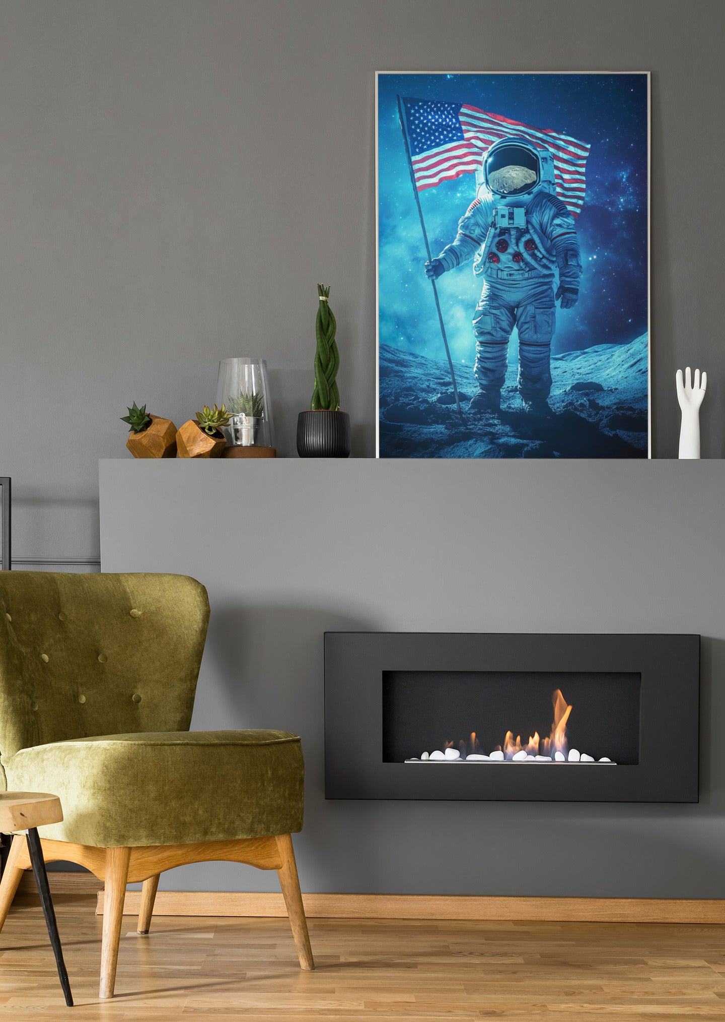 Poster mit Astronaut auf dem Mond und US-Flagge im blauen All.