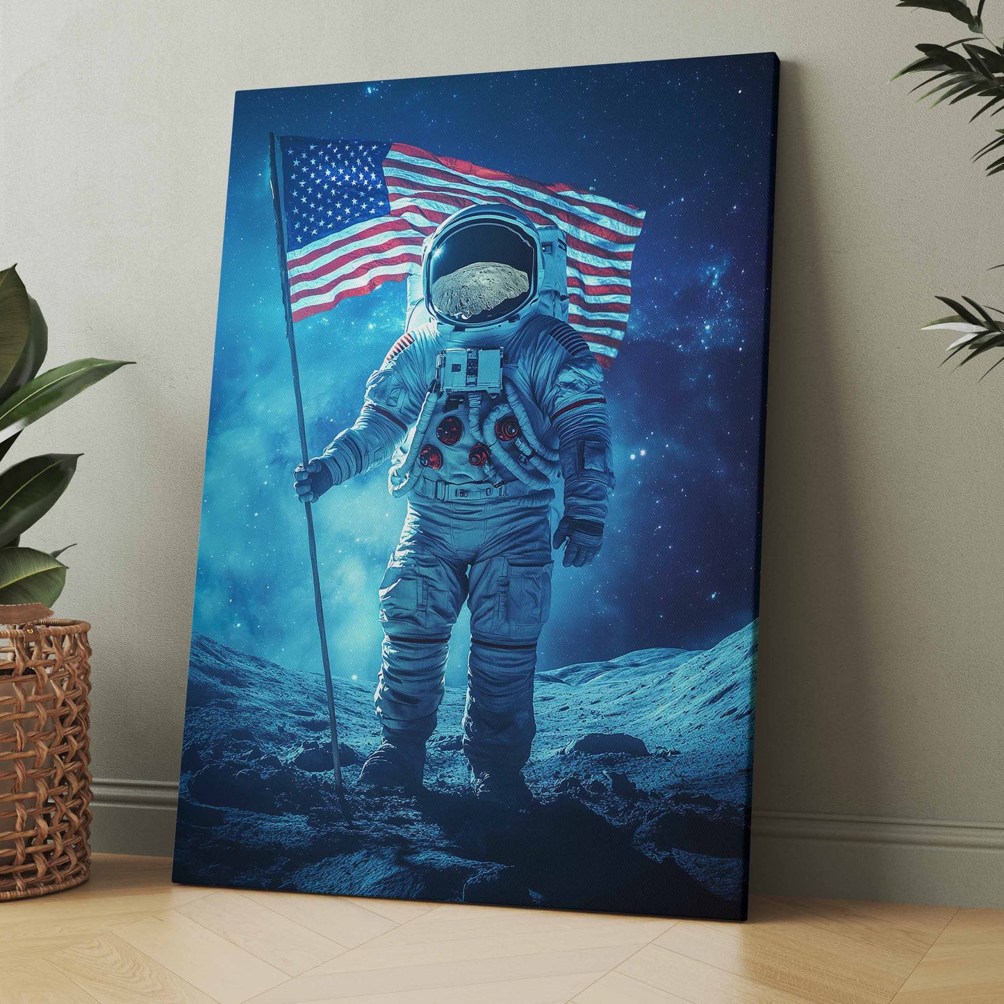 Poster mit Astronaut auf dem Mond und US-Flagge, blaues Weltraum-Motiv.