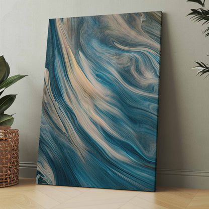 Leinwand im Hochformat mit abstraktem Wellenmuster in Blau, Türkis und Creme