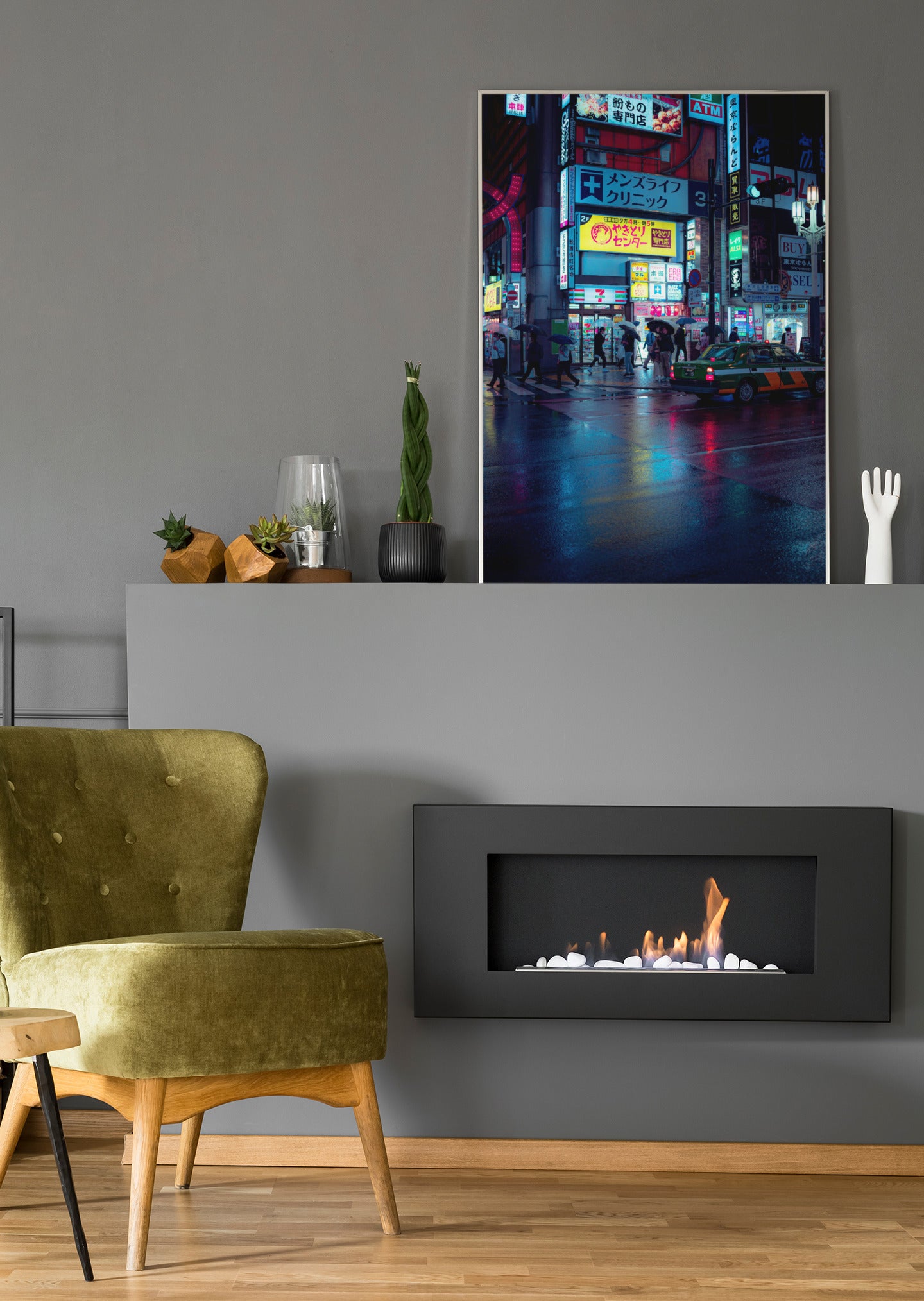 Wandbild auf Leinwand mit Neon-Stadt bei Nacht, Spiegelungen auf nassem Straßenbelag.