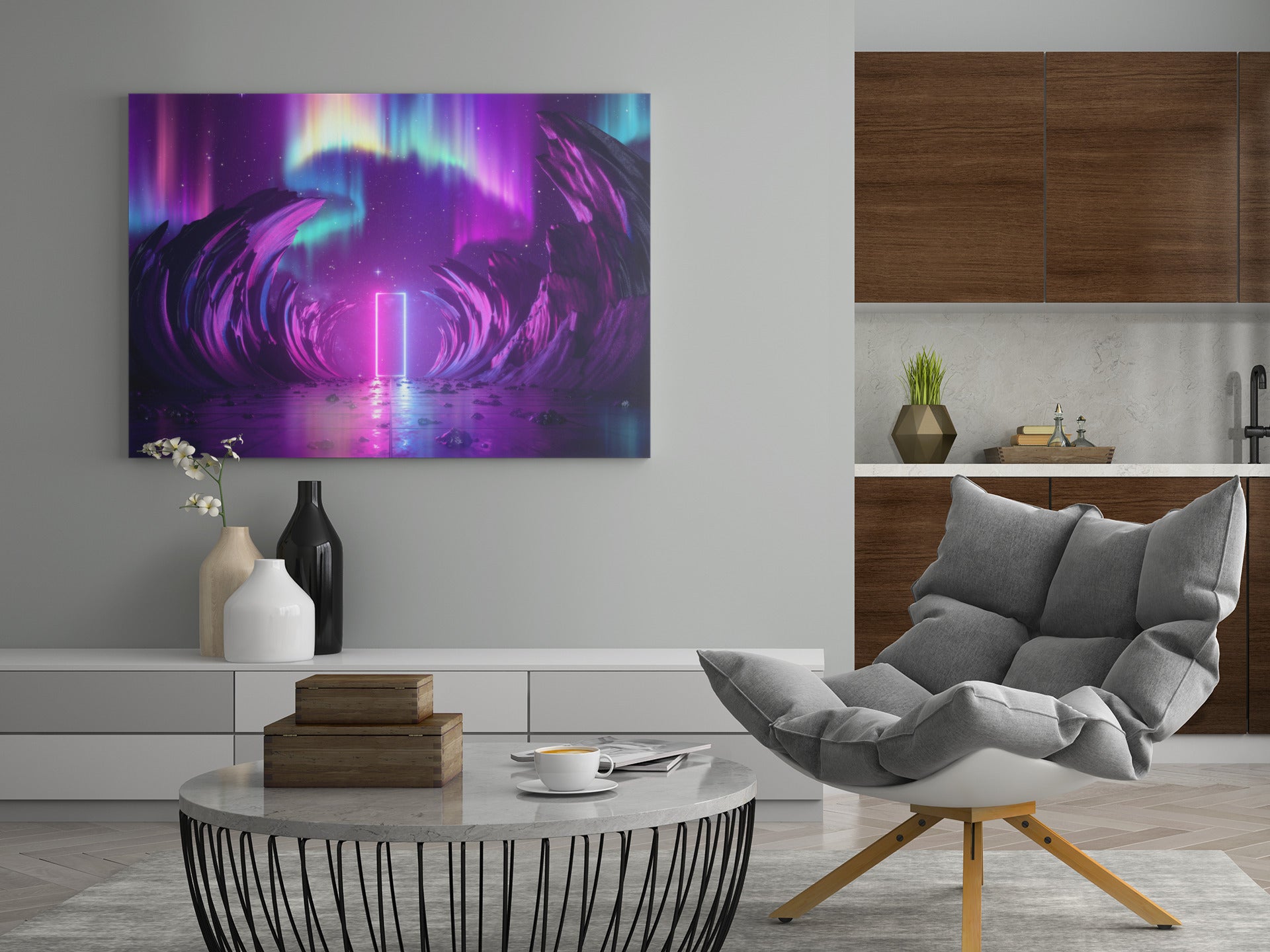 Neon-Leinwandbild an der Wand über Sideboard, violetter Lichtsog mit pinkem Licht