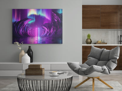 Neon-Leinwandbild an der Wand über Sideboard, violetter Lichtsog mit pinkem Licht