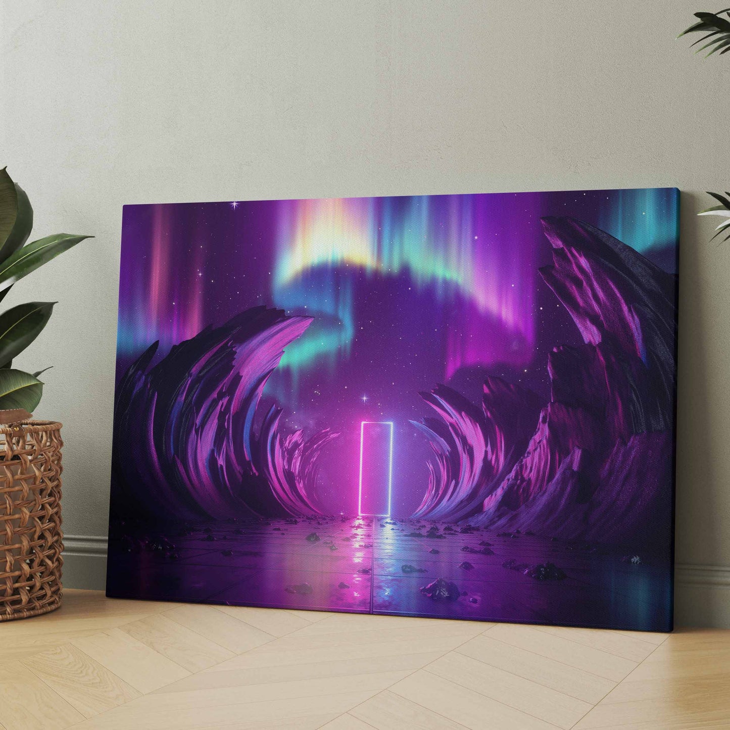 Neon-Leinwandbild mit violettem Lichtsog und Spiegelung auf Wasseroberfläche
