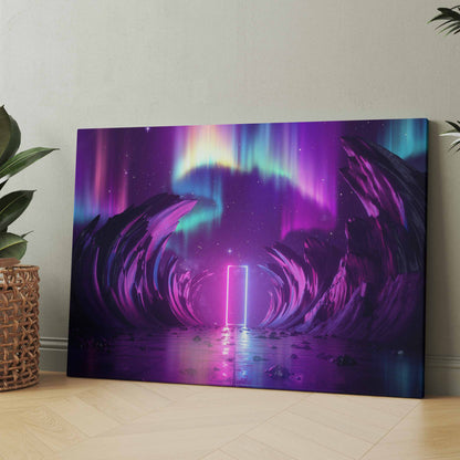 Neon-Leinwandbild mit violettem Lichtsog und Spiegelung auf Wasseroberfläche
