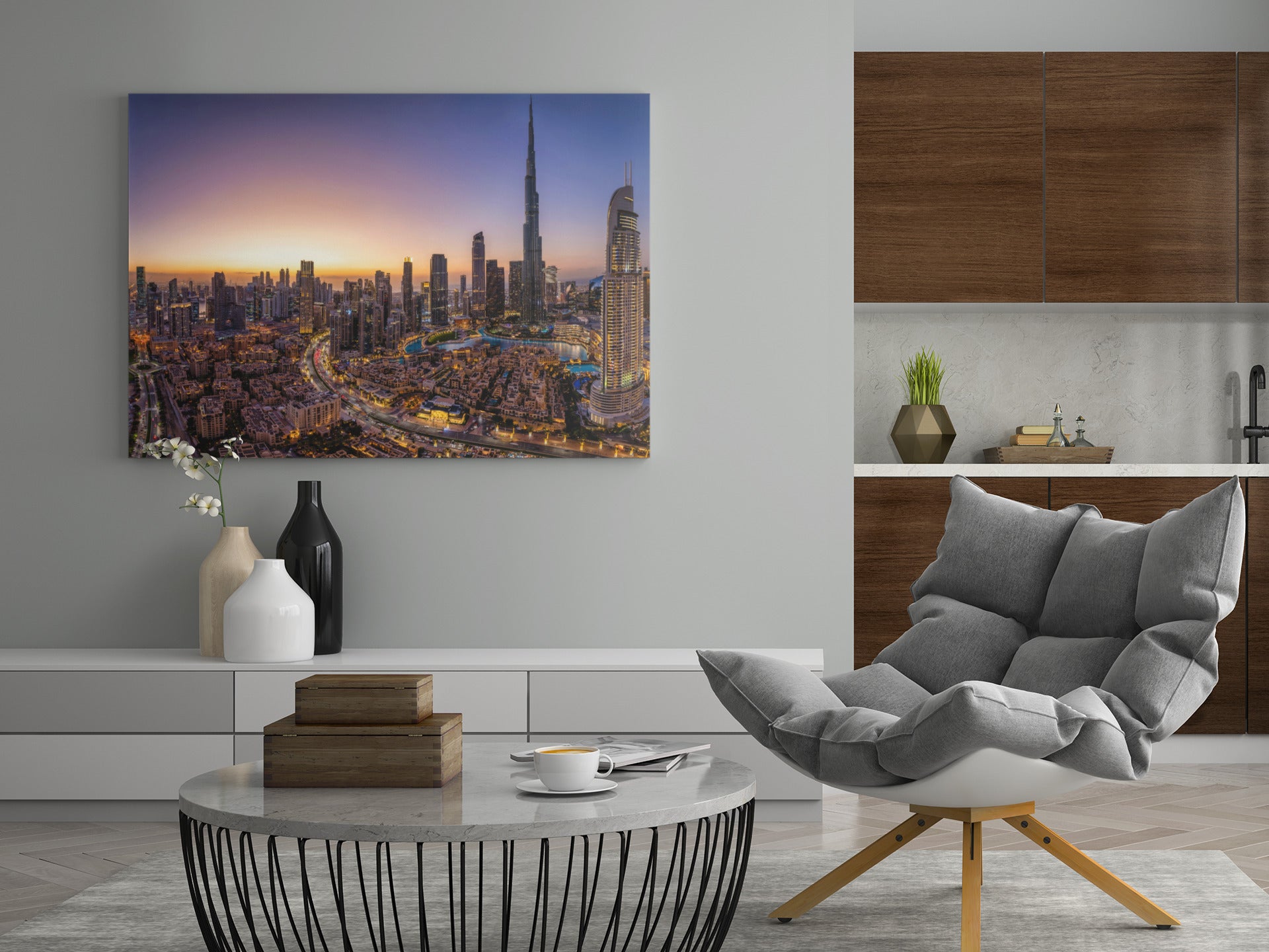 Leinwandbild an der Wand mit Dubai-Skyline bei Dämmerung, Burj Khalifa