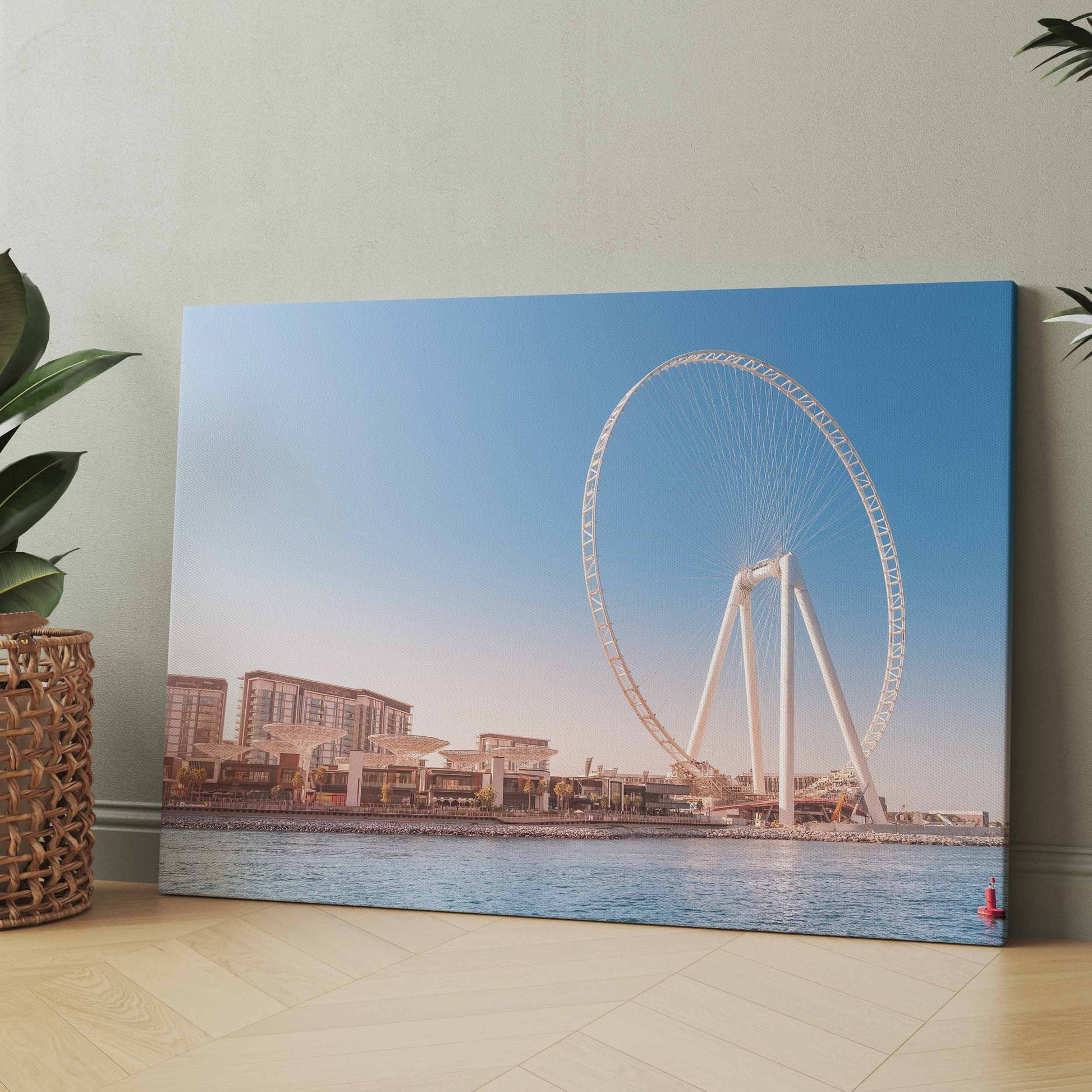 Poster mit Riesenrad am Wasser, blauem Himmel und Ufergebäuden