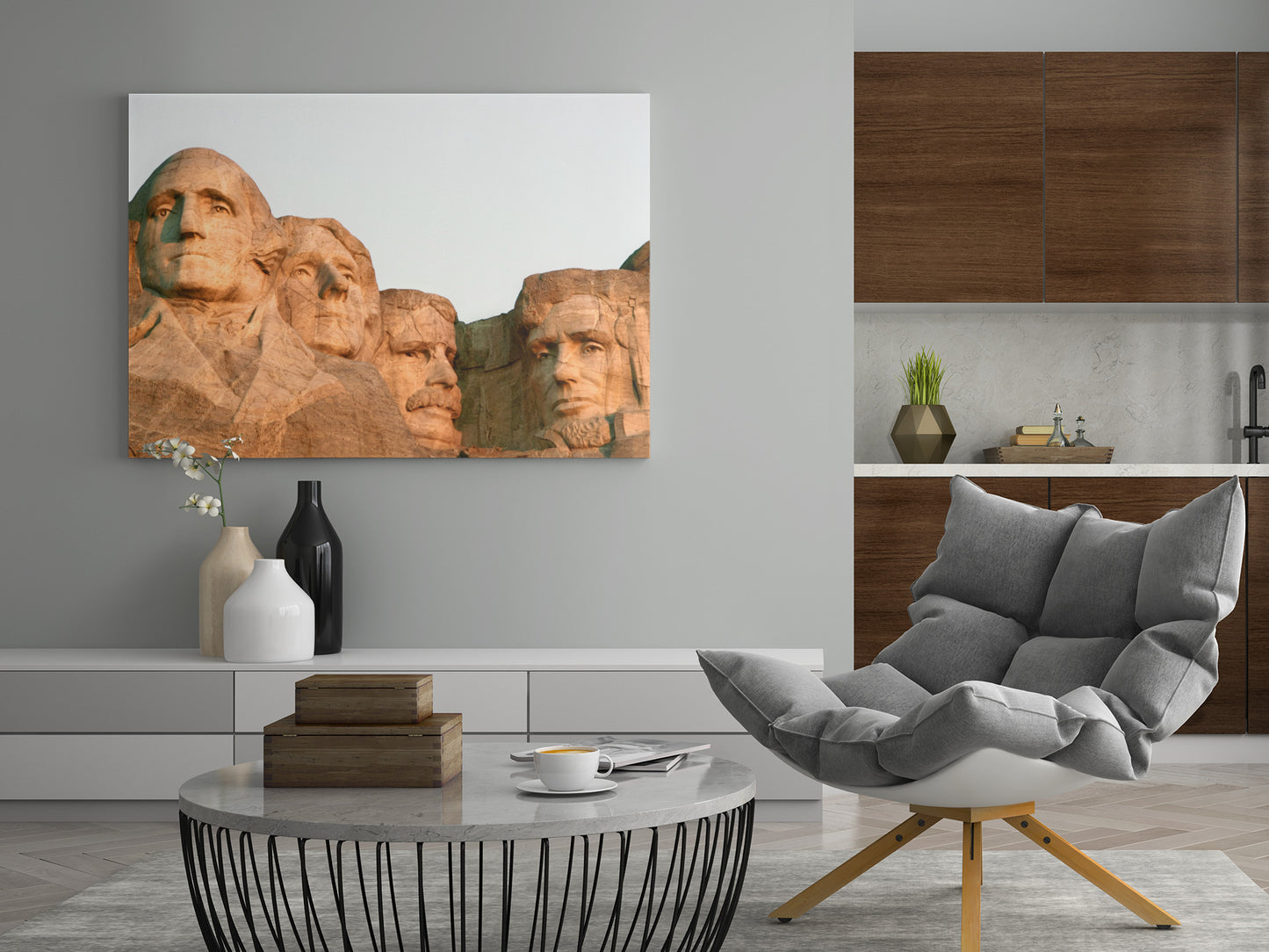 Leinwandbild mit Mount-Rushmore-Gesichtern, braun auf hellem Grund