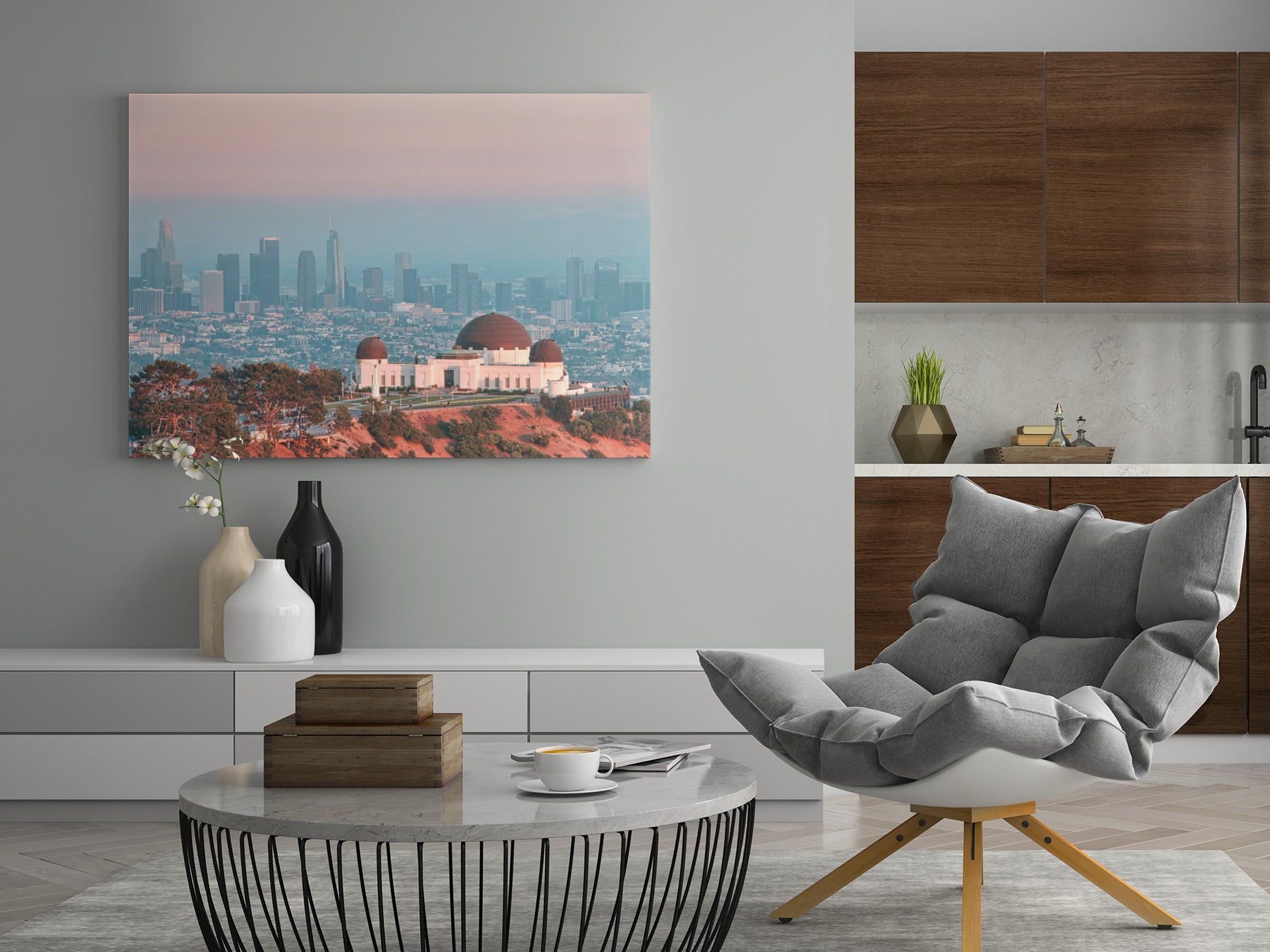 Wand-Leinwand mit Skyline und Observatoriumskuppel, Farbverlauf von Blau zu Rosa.