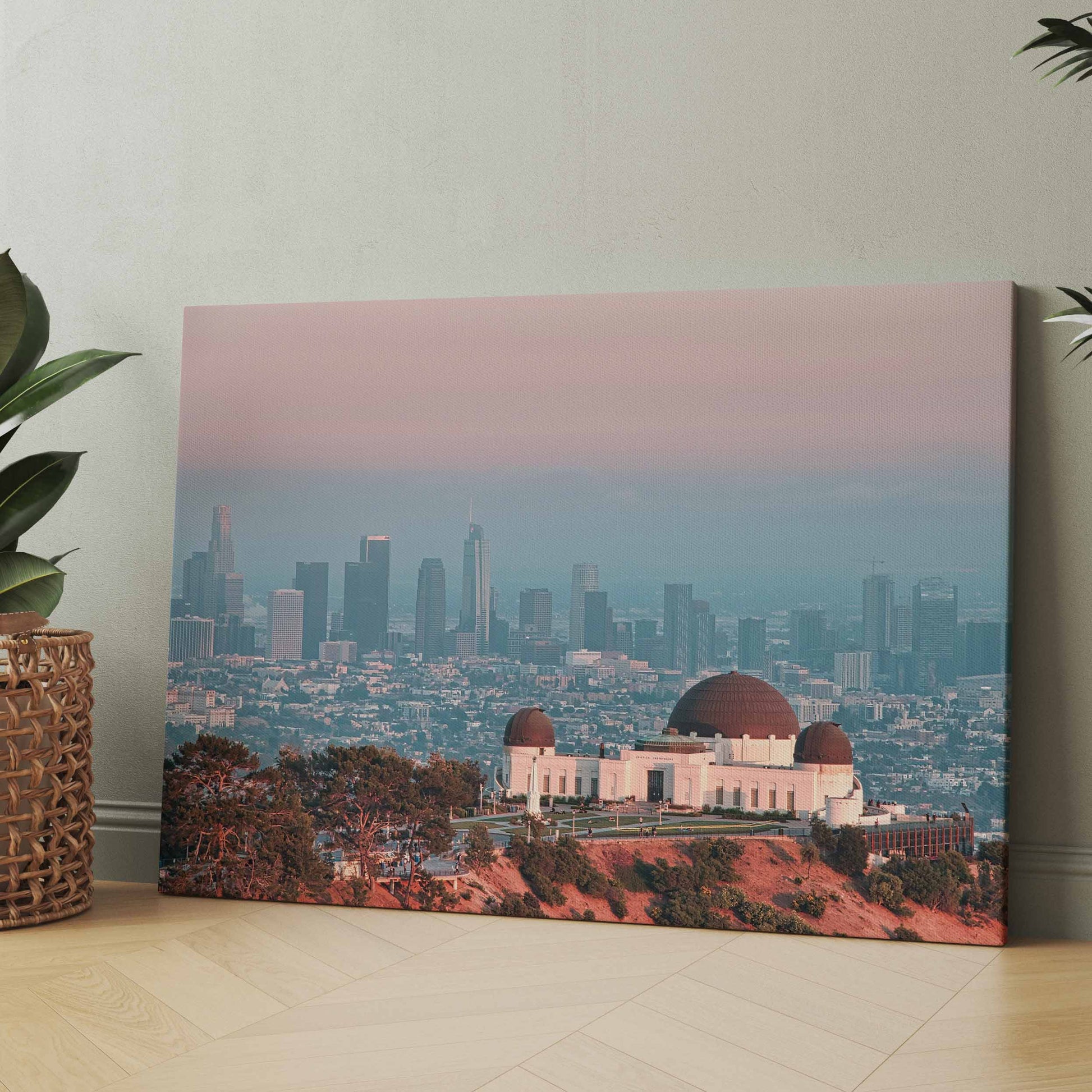 Leinwandposter mit Skyline und Observatoriumskuppel, Himmel im Sonnenuntergang.
