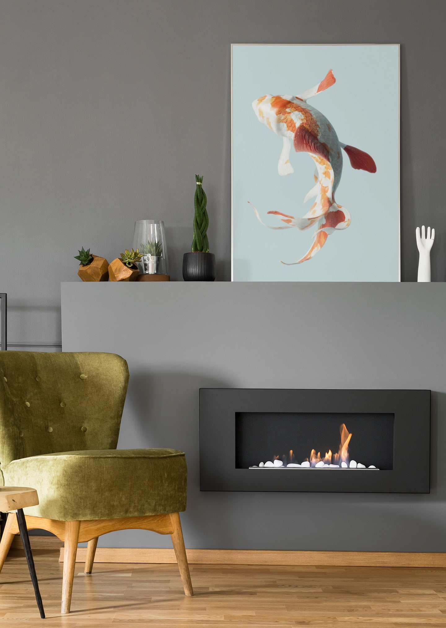 Fischmotiv-Poster oder Leinwand an der Wand mit Koi-Fisch im Wasser, orange-weiße Flossen