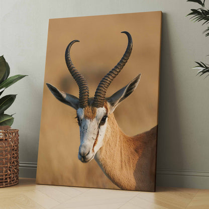 Springbock-Porträt als Poster oder Leinwand, nahaufnahme mit langen gebogenen Hörnern