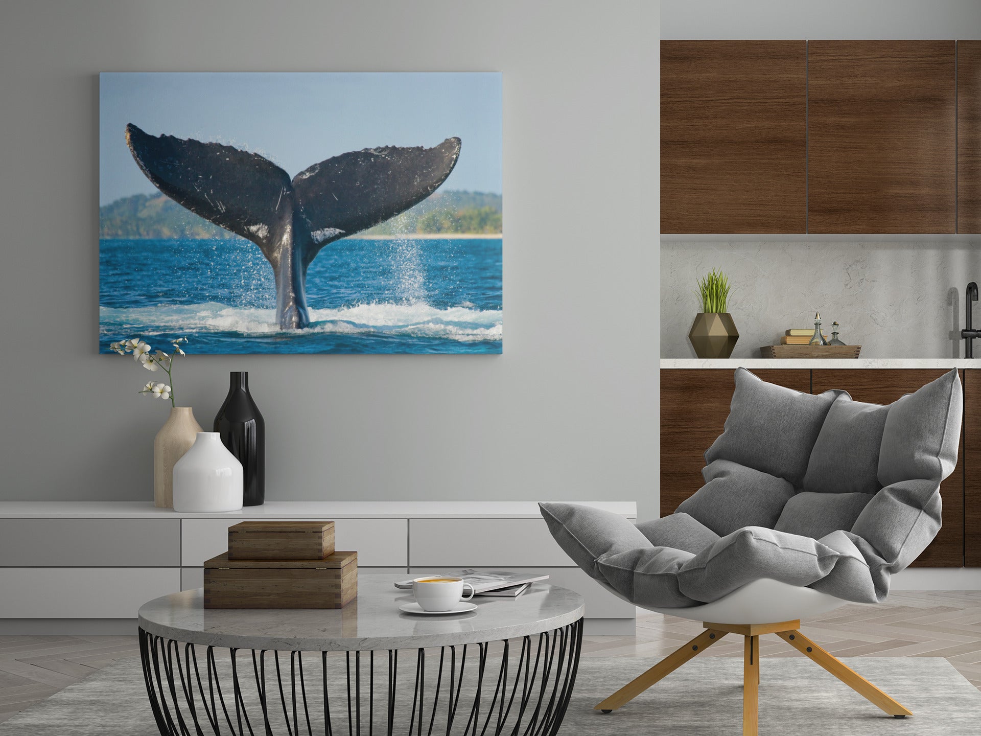Wandbild mit Buckelwals-Flosse über dem Meer, weit gespreizte Flossen