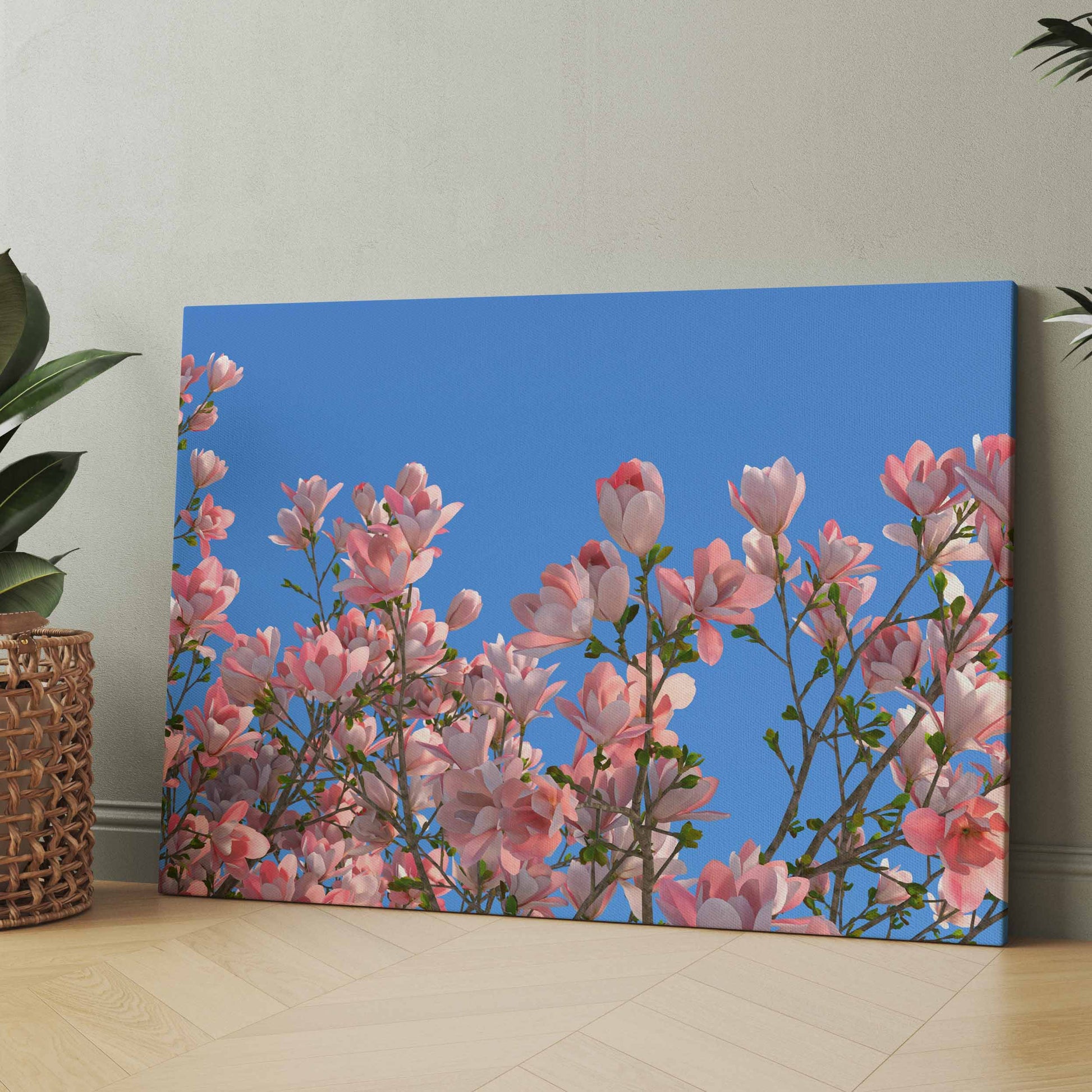 Leinwand mit blühendem Baum, rosafarbene Blüten auf blauem Hintergrund