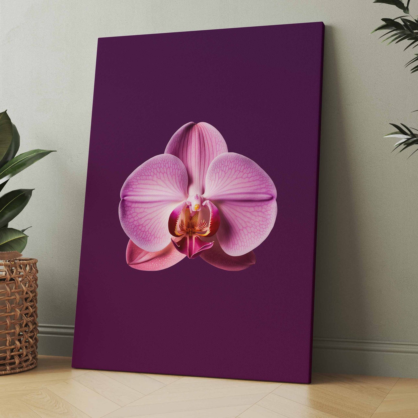 Leinwandbild mit rosa Orchideenblüte auf violettem Hintergrund