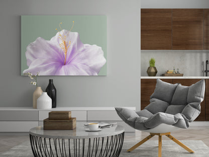 An der Wand montiertes rechteckiges Bild mit lila Blüte auf grünlichem Hintergrund