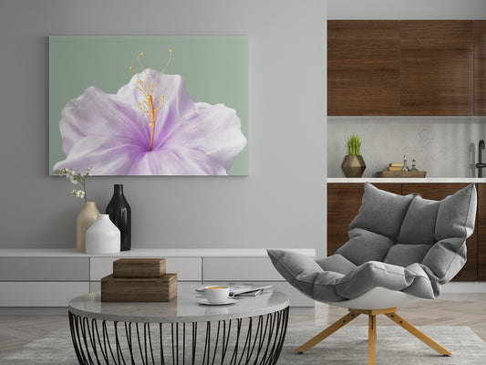 An der Wand montiertes rechteckiges Bild mit lila Blüte auf grünlichem Hintergrund