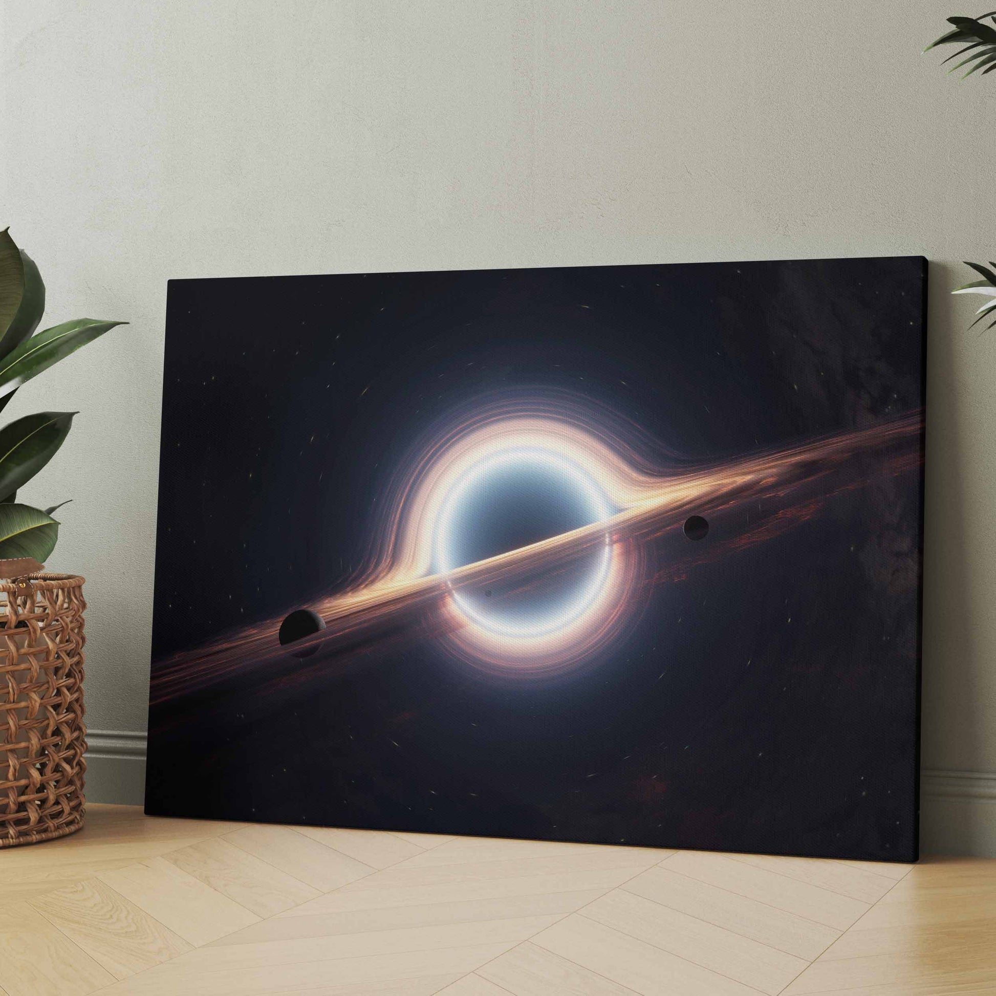 Leinwandbild mit schwarzem Weltraum, leuchtendem Ring und dunkler Röhre