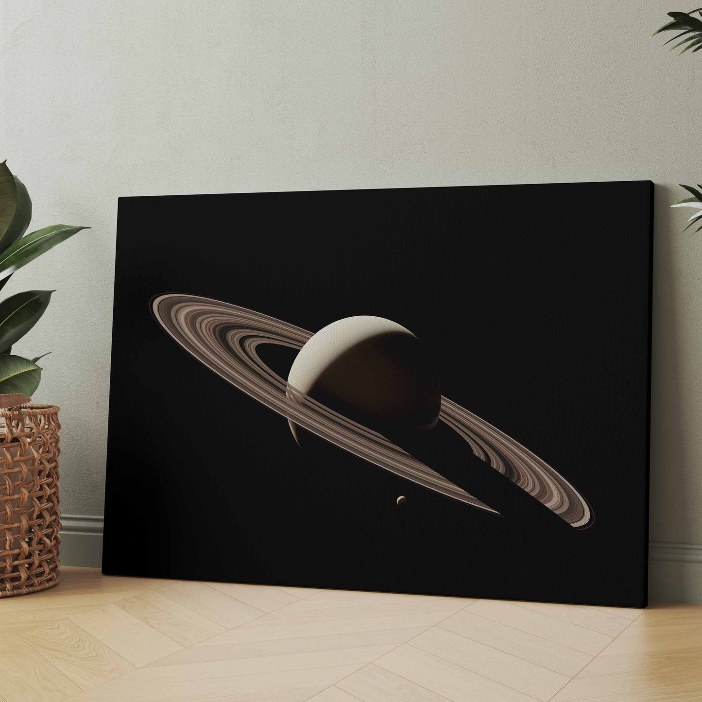 Leinwandbild mit Saturn-Planet und farbigen Ringen auf dunklem Hintergrund