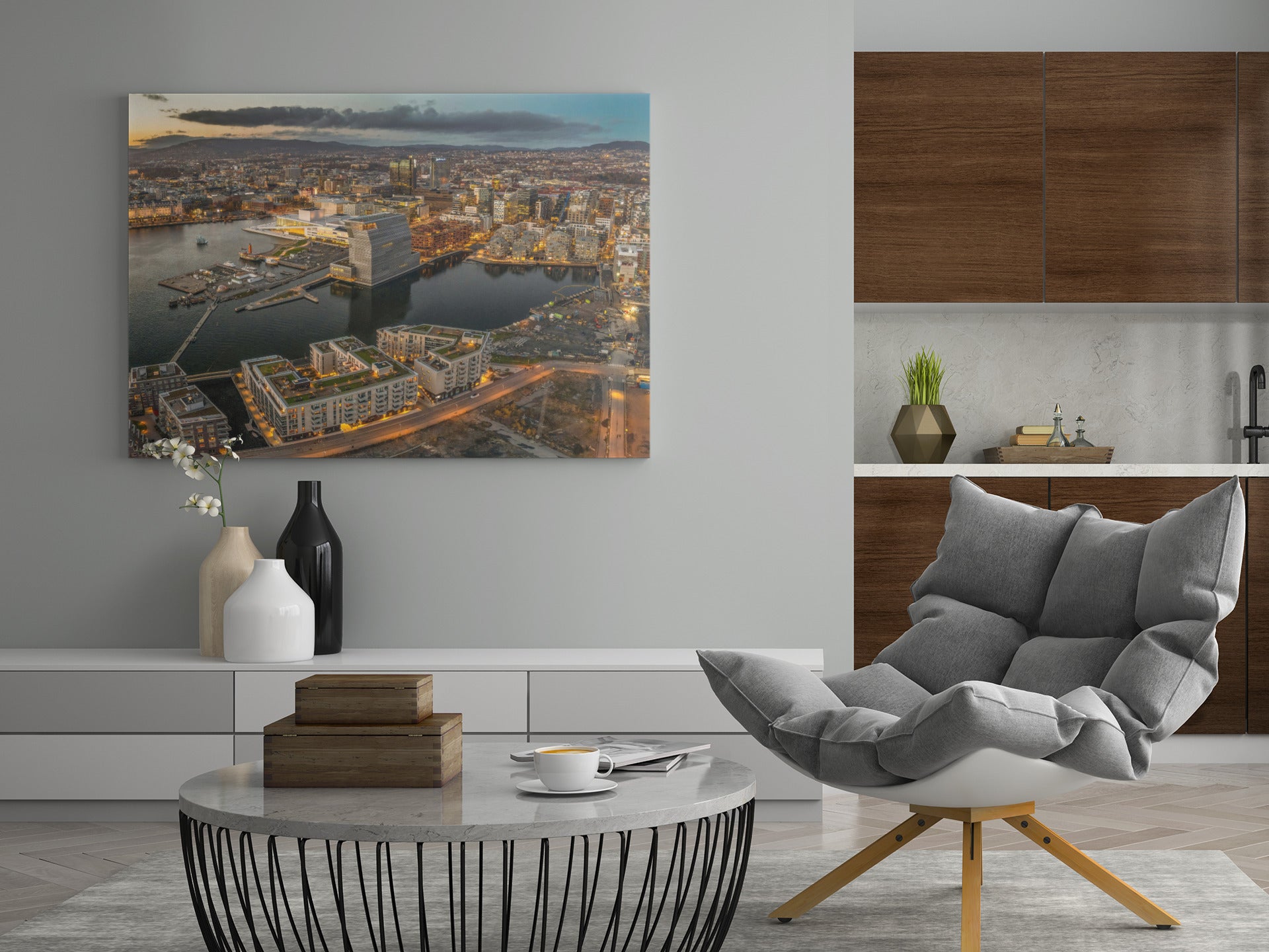 Wandposter mit Hafenstadt-Panorama bei Dämmerung, rechteckiges Querformat