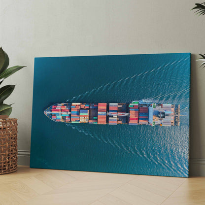 Rechteckige Leinwand mit Draufsicht eines Containerschiffs auf blauem Meer