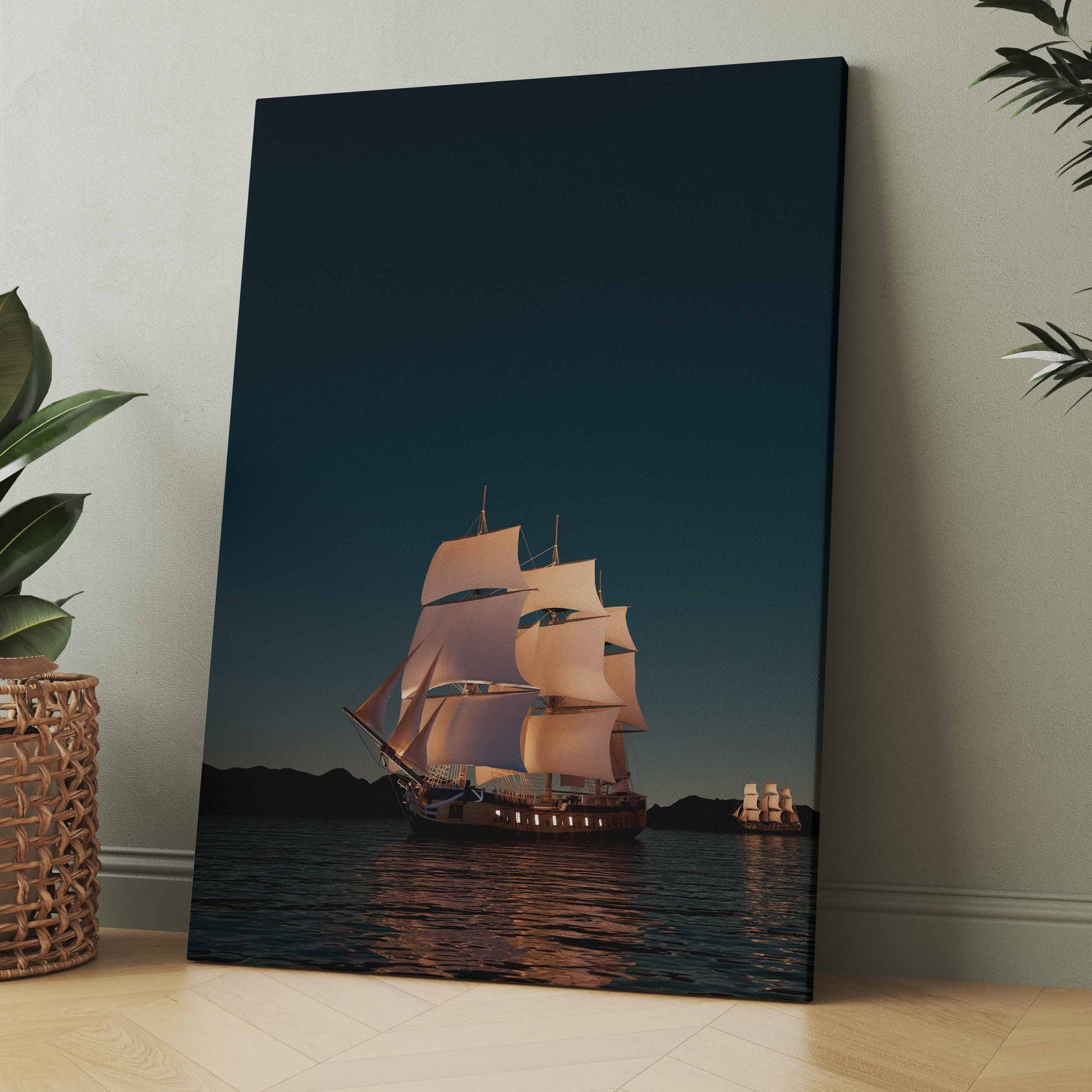Rechteckige Leinwand mit Segelschiff auf dunklem Meer bei Nacht, Segel im Licht