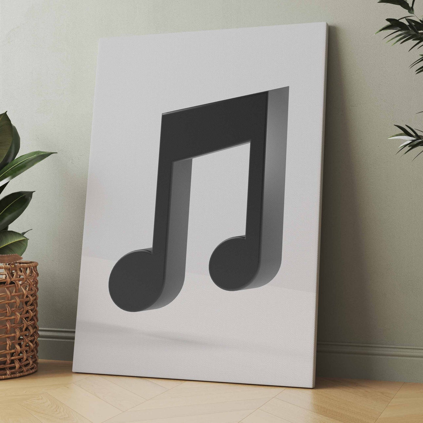 Kunstdruck mit schwarzer Musiknote auf hellem Hintergrund