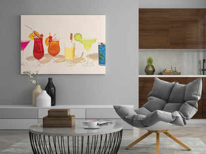 Cocktail-Poster an der Wand mit mehreren bunten Drinks und Zitrusscheiben
