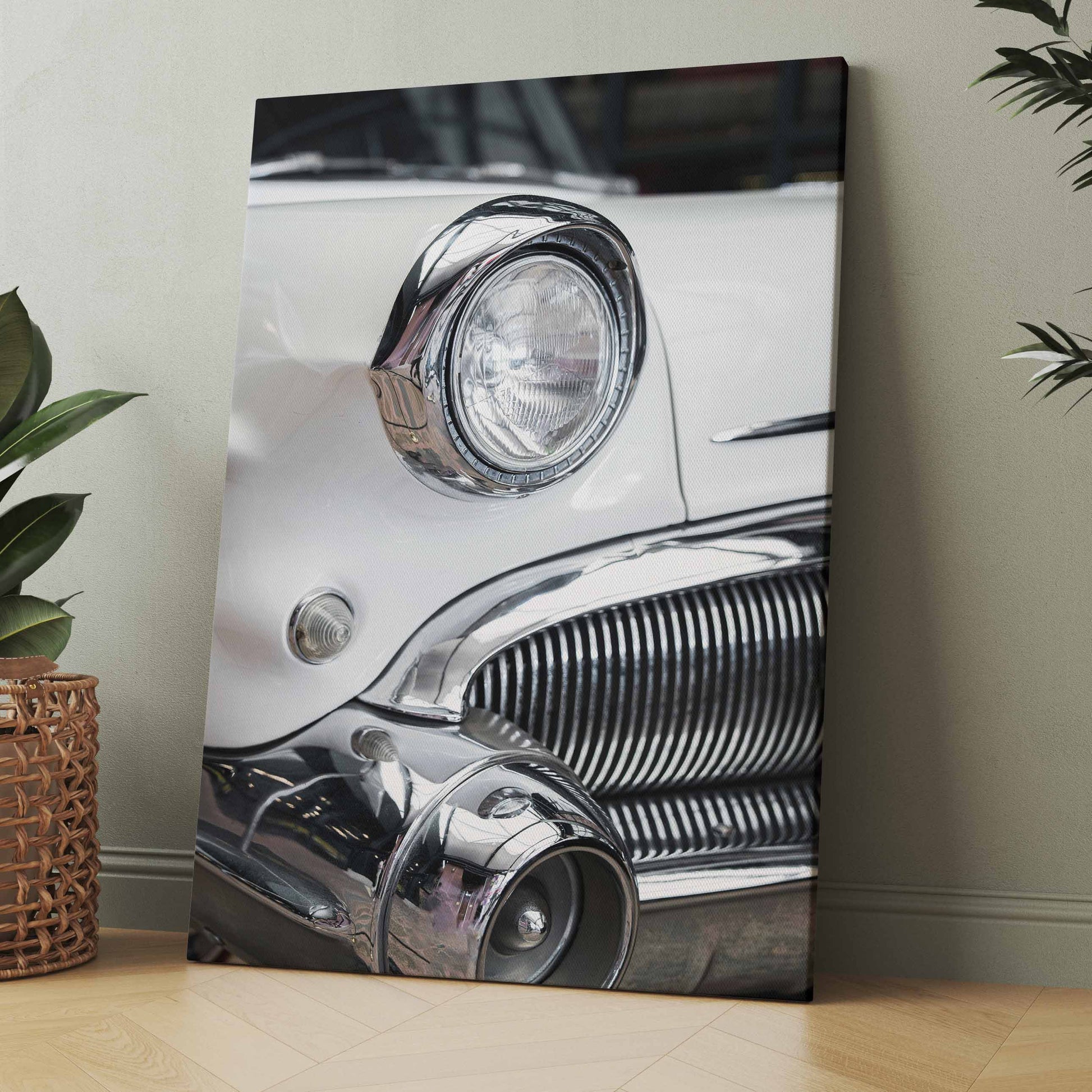 Wandbild/Poster mit Oldtimer-Autofront: runde Scheinwerfer, Chrom und Kühlergrill