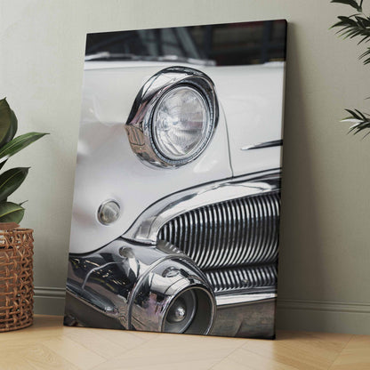 Wandbild/Poster mit Oldtimer-Autofront: runde Scheinwerfer, Chrom und Kühlergrill
