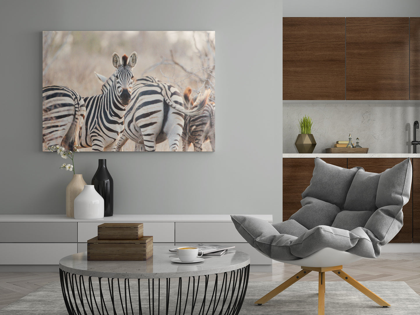 Zebra-Wandkunst rechteckig, mehrere Zebras vor grauem Marmorhintergrund