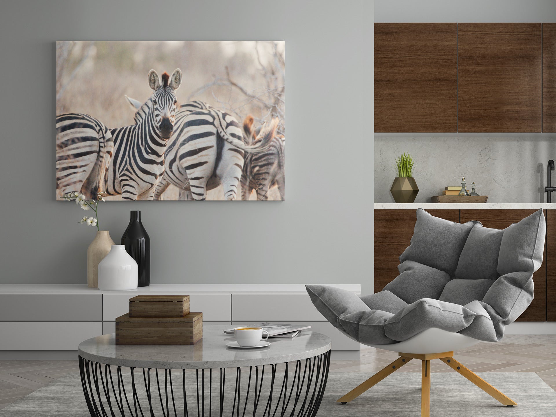 Zebra-Wandkunst rechteckig, mehrere Zebras vor grauem Marmorhintergrund
