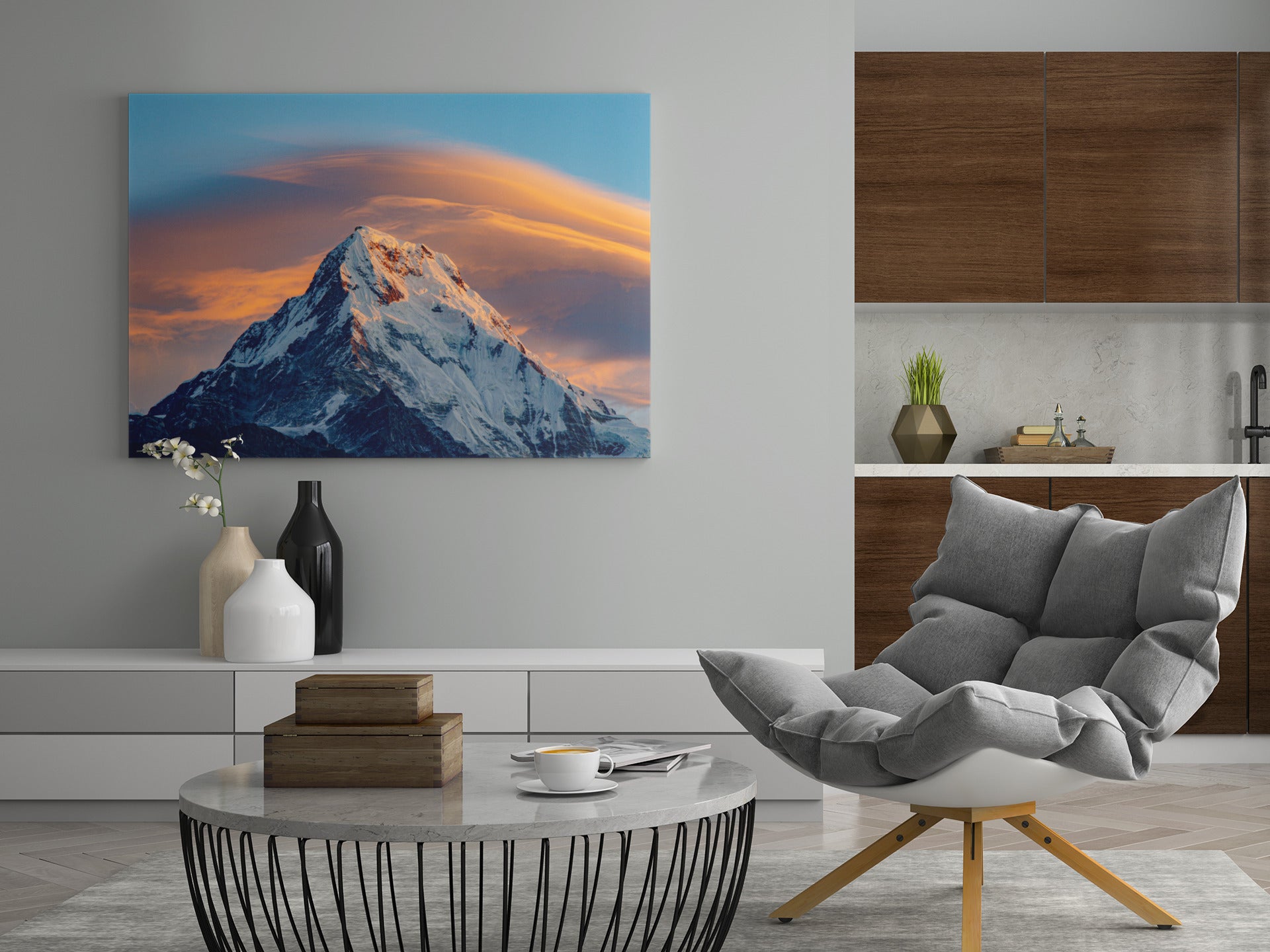 Nepal Hill Leinwand mit Berggipfel und Sonnenuntergangslicht, im Wohnraum an der Wand